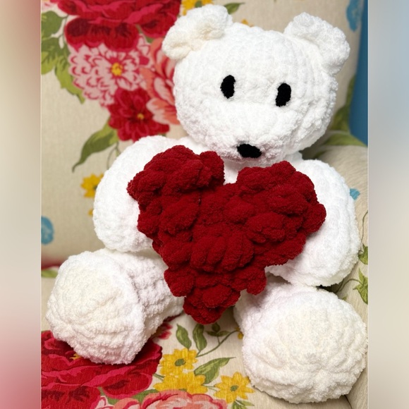Hand Crafted Other - Handmade Hand Crafted Knit Valentine Teddy Bear Heart Pillow White Cream Red